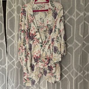 Floral Lightweight Kimono Jacket - White with Pink & Purple Floral